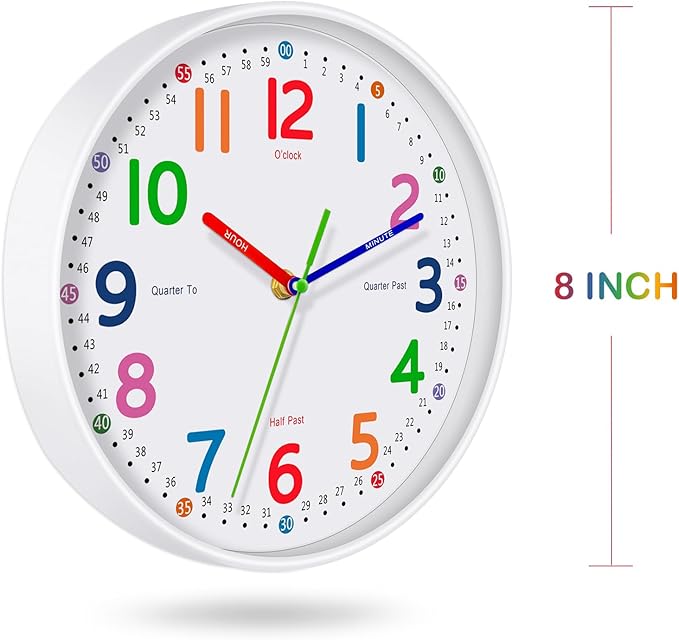 Silent Kids Wall Clock – Non-Ticking, Battery-Powered, Ideal for Teaching Time and Stylish Décor in Any Room - 8 Inch
