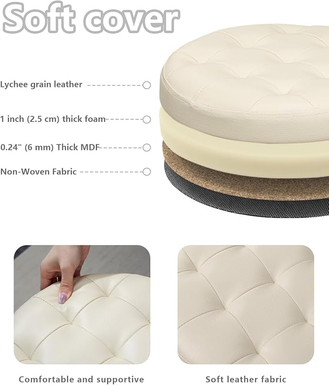 Bsketa® Ottoman with Storage, Foot Rest Stool with Thicker Foam Padded Seat Leather Small Round 14“ x 14” x 13 "Inchs Storage Ottoman Bench for Living Room Foldable Pouf Coffee Table 2 Pack,Beige