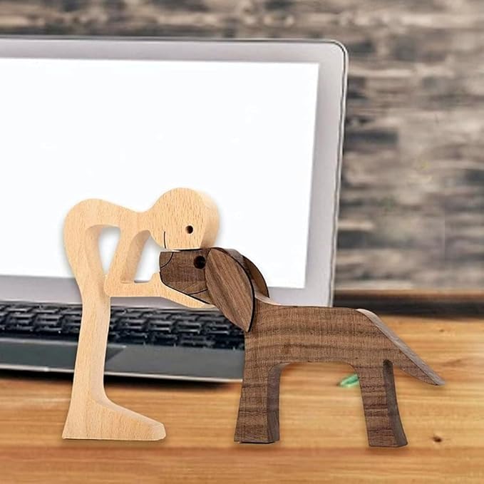 FHDTW Handmade Wooden Unique Gift for Dog Lover, Wooden Man and Dog Carving Statue, Wood Sculpture Home Office Tabletop Figurine Carved Wood Decor (A)