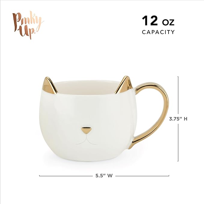 Pinky Up Chloe Cat Ceramic Coffee Mug, Tea Cups, Travel Mugs for Cappuccino, Latte, Hot Chocolate, Milk, Herbal Teas, 12 oz, Set of 1, White