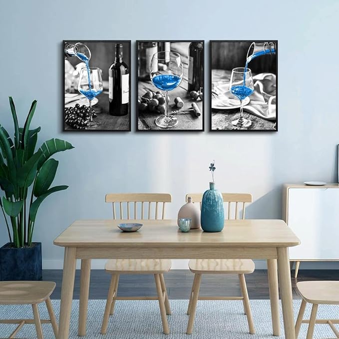 TTHYUEWS Black Framed Wall Art For Kitchen Modern Wall Decor For Dining Room Black And White Wall Paintings Blue Wine Glasses Pictures Prints Artwork Ready To Hang For Restaurant Home Decor 3 Piece