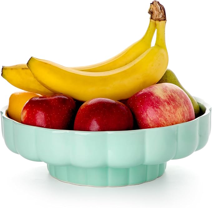 Nucookery Ceramic Petal Fruit Bowl for Kitchen Counter, 11 Inch Modern Decorative Bowl, Elegant Fruit & Vegetable Storage Container, Large Bread Basket, Mint Green