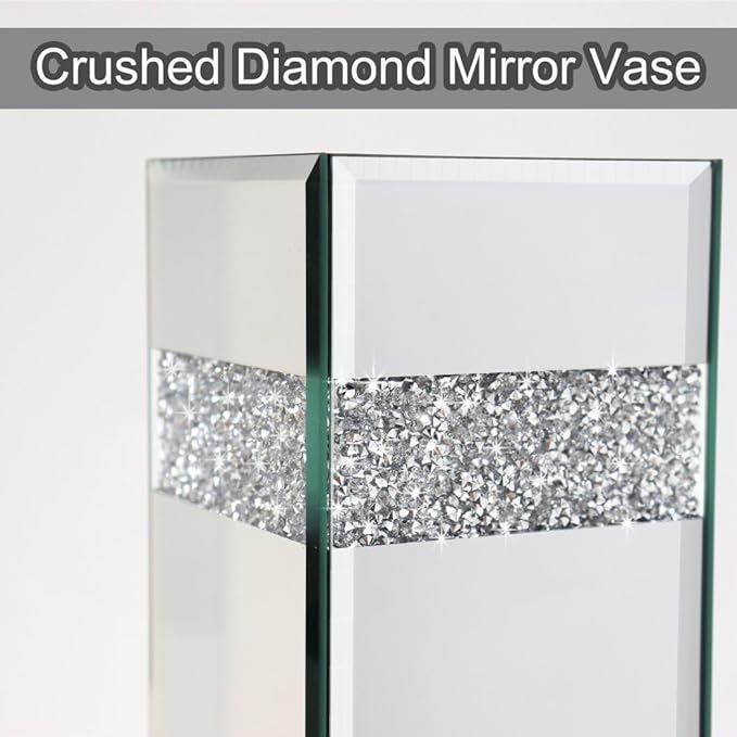 Crushed Diamond Mirrored Vase Pack of 3 Pieces Small Middle Large. Crystal Silver Mirror Glass Stunning Decorative Flower Vase Luxury for Home Decor. Can’t Hold Water.