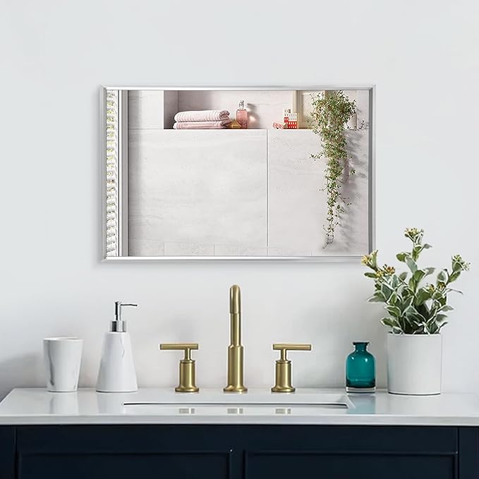 AAZZKANG Metal Frame Mirror Rectangle Wall Mounted Mirrors Large 26"x18" Decorative Modern for Bedroom Bathroom Entryway Hanging Vertically or Horizontally Silver