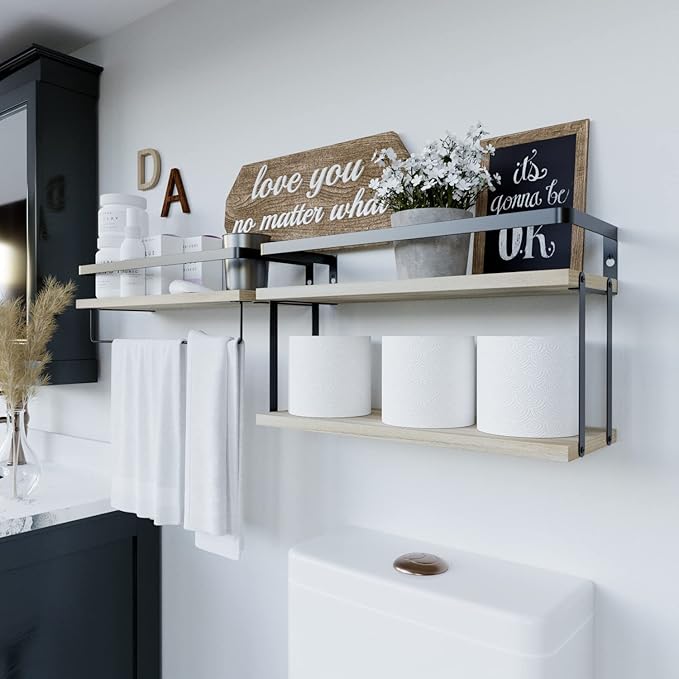 RICHER HOUSE 2+1 Tier Wall Mounted Floating Shelves Set of 2, Rustic Wood Wall Shelf with Metal Frame, Extra Storage Rack for Bathroom, Kitchen, Bedroom with Tissue Rack & Towel Bar - Rustic Wood