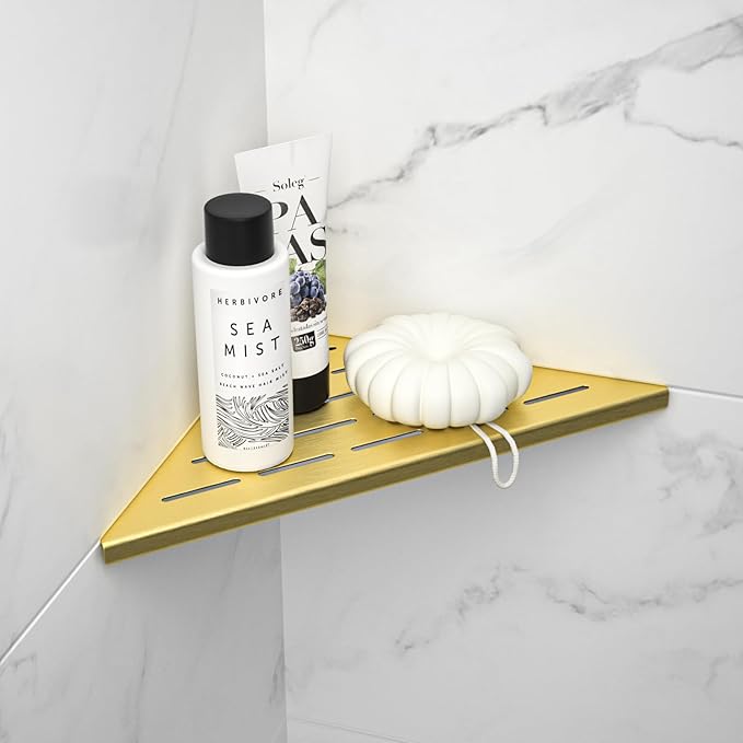 Corner Shower Shelf, 304 Stainless Steel Bathroom Shelf for Tiled Wall, Grout in Shelves (Gold, 10"-2 Pack)