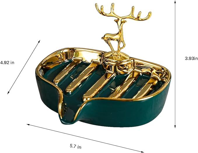 Soap Dish, Virvia Luxurious Ceramic Soap Dish Self Draining Soap Holder Tray Easy Cleaning Soap Saver for Shower Bathroom Kitchen Sink Bathtub Hotel Travel(Green Painted in Gold)