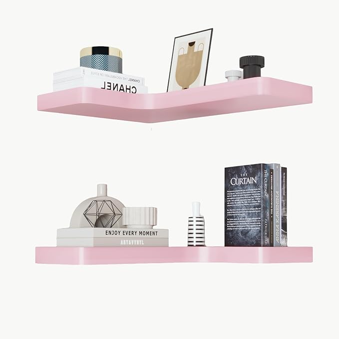 SAUMONIERES Corner Floating Shelves 24 Inch Wall Mount Shelf Solid Wood for Bedroom Bathroom Kitchen Storage Set of 2, Pink