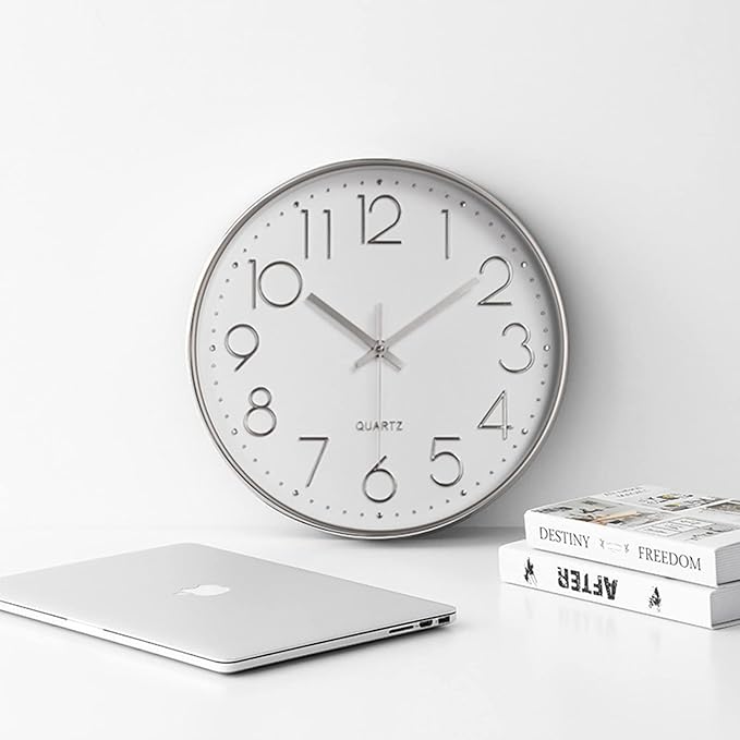 Tosnail 12 Inches Round Silent Non Ticking Quartz Wall Clock - Elegant Silver Frame