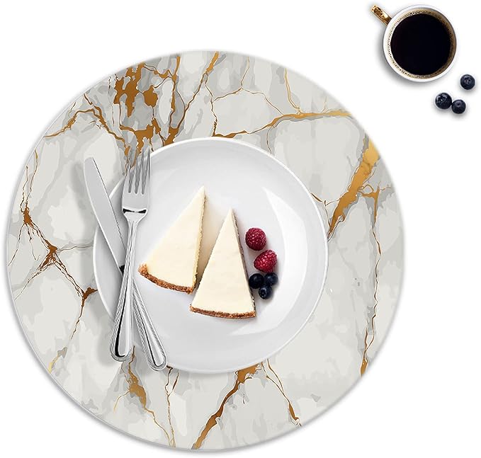 Round Leather Placemats Set of 4 PU Waterproof Non-Slip Washable Heat Resistant Place Mat for Kitchen Dining Table - Marble Gold Line