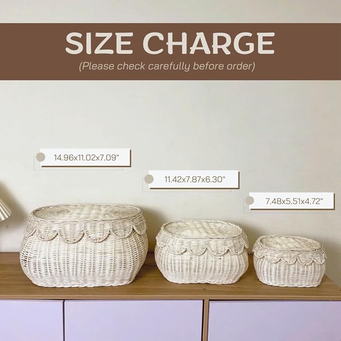 Scalloped Basket with Lid Set of 3,Storage Boxes for Shelves,Decorative Storage Boxes With Lids,Rattan Storage, Shelf Baskets Set for Organizer