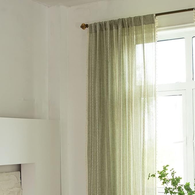 Sutuo Home Boho Curtain for Bedroom Living Room 96 Inches Long, Light Filtering French Country Farmhouse Vintage Chic Tassels Hollow Window Treatment Bohemian Drape, 1 Panel 52" W x 96" L, Green