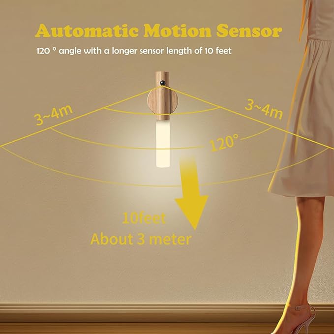LANDGOO Wooden Motion Sensor Night Lights, Magnet Body Hallway Lamp, Rechargeable LED Wall Sconces, Portable for Stairway Bedroom, Battery Powered (White Ash Wood 2PC)
