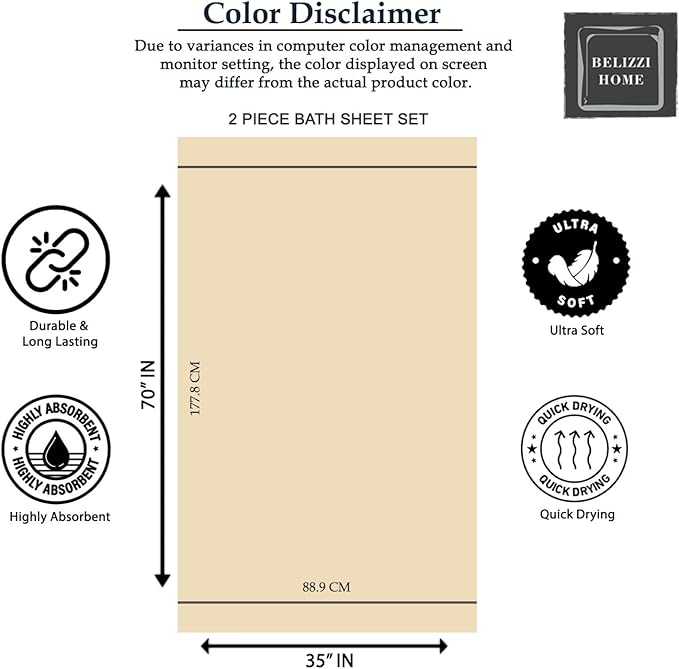 Belizzi Home Cotton 2 Pack Oversized Bath Sheet 35 x 70, Large Bath Sheet, Ultra Absorbent, Compact, Eco-Friendly and 100% Recyclable, Quick Drying and Lightweight Towel - Tan