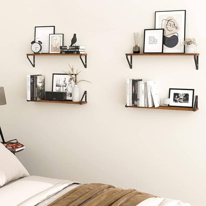 Wallniture Ponza Floating Shelves for Wall, 24" Rustic Wood Wall Shelves for Bedroom Decor, Living Room Book Shelf, Kitchen Organization Walnut Set of 4