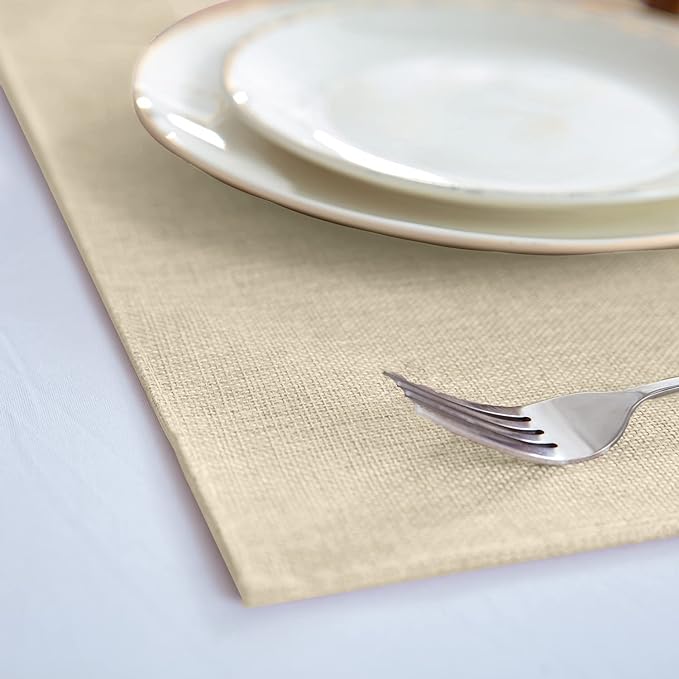 Linen Fabric Placemats Set of 6, Machine Washable, Heat Resistant, Wrinkle Free, Thick Polyester Kitchen Place Mats for Dining Table (Beige)