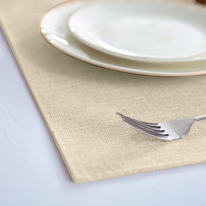 Linen Type Fabric Placemats Set of 8, Machine Washable, Heat Resistant, Wrinkle Free Thick Polyester Kitchen Place Mats for Dining Table (Beige)