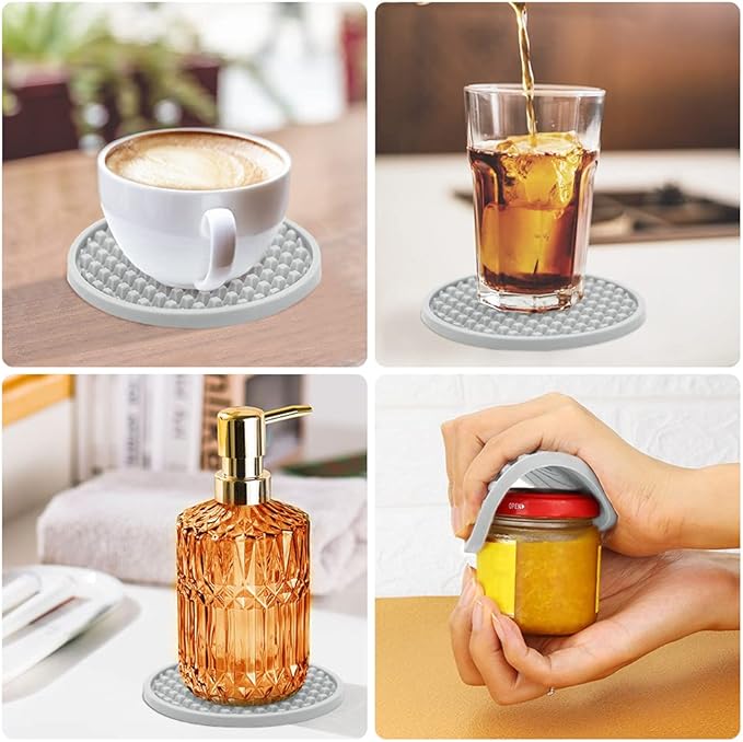 EAGMAK Coasters for Drinks Set of 8, Silicone Drink Coasters with Grooved Pattern, Non-Slip Base, Washable and Heat Resistant Coffee Coasters for Wooden Table, Desk, Kitchen, Office, Bar-Light Grey