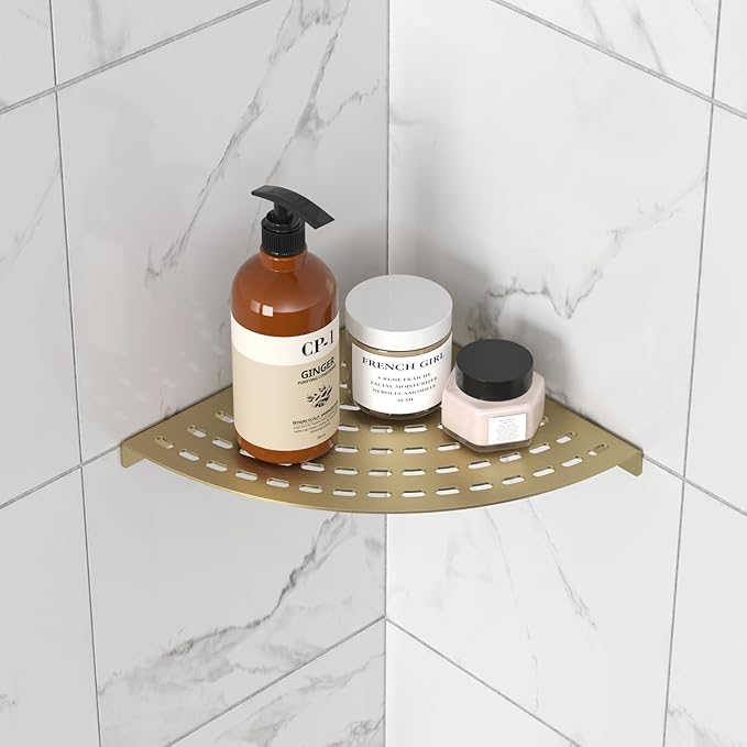 Corner Shower Shelves 304 Stainless Steel Brushed Gold 8in Corner Shower Shelf Drilling Installation Strong Load-Bearing Capacity