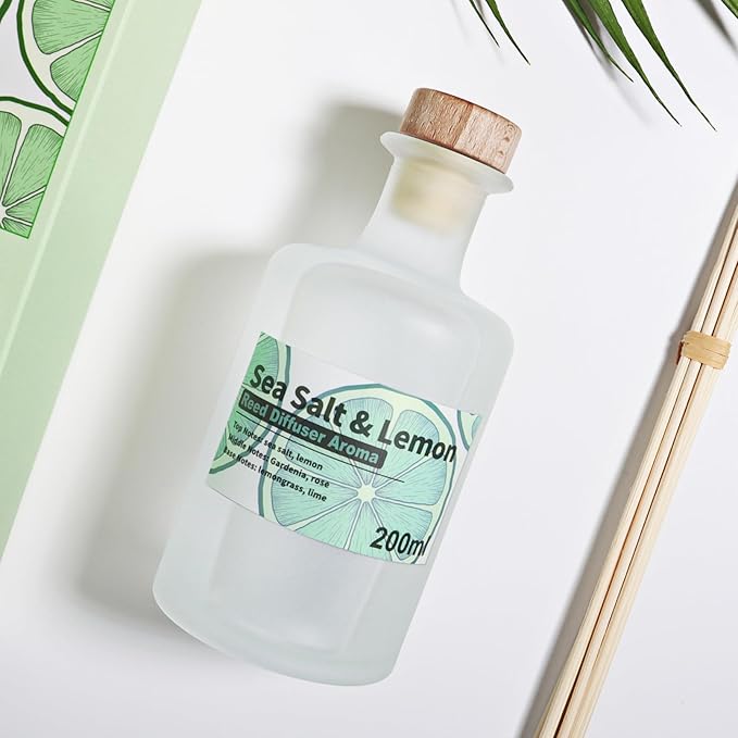 Reed Diffuser Set - Sea Salt & Lemon Essential Oil with Rattan Sticks, 200ml(6.8fl oz) Long Lasting Aroma Oils, Bathroom Air Freshener, Home Fragrance for Room Decor