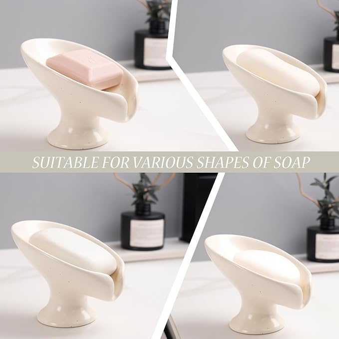 Soap Dish, Self Draining Bar Soap Holder for Bathroom Sink, Leaf Shaped Drainage Ceramic Speckled Soap Dish Porcelain Decorative Soap Dishes, ANTIS'S HOME