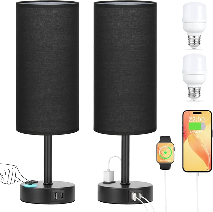 Black Touch Table Lamps Set - 3 Way Dimmable Bedroom Bedside Lamps Set of 2 with USB C and A Ports,Small Lamps for Nightstand with AC Outlet,Round Flaxen Shade for Desk,Office,Dorm,Nursery