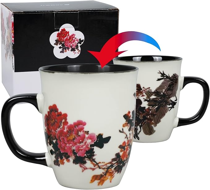 Heat Changing Magic Porcelain Coffee Mug for Mom Gifts Funny Tea Mug 16 oz Black Change into Multi Color Peony Painting