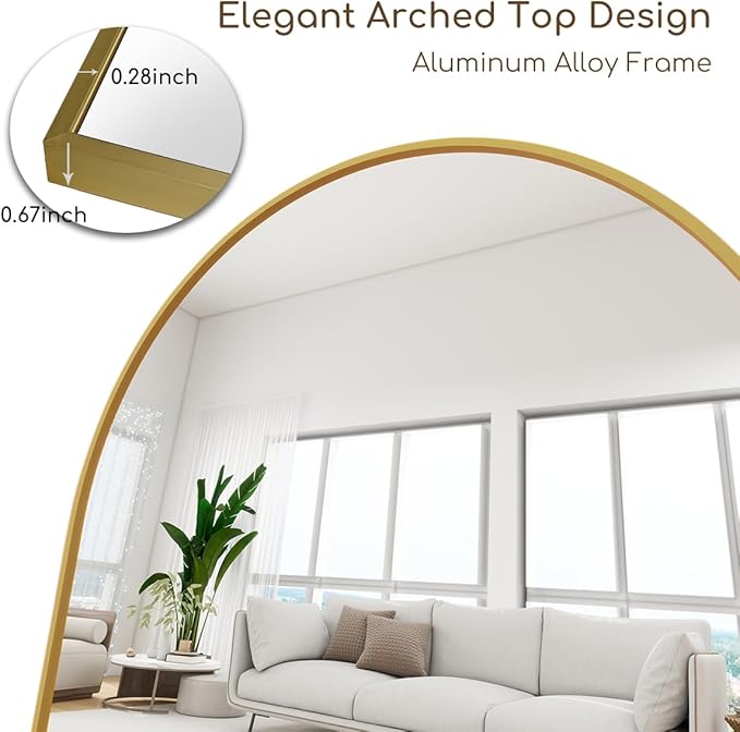 Arched Full Length Mirror, 64 "x 21" Floor Length Mirror with Stand, Wall Mounted Mirror, Standing Mirror with Aluminum Alloy Frame, Freestanding, Wall-Mounted or Leaning(Gold)