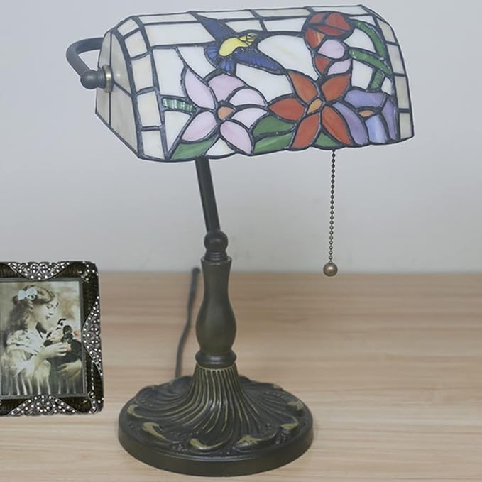 Bird Lamp Tiffany Style Bankers Lamp Table Lamp Stained Glass Bird Flower Lamp Shade Piano Desk Lamp Vintage Bedroom Bedside Lamp for Livingroom Office Study,Antique Alloy Base,Zipper Switch,A bird