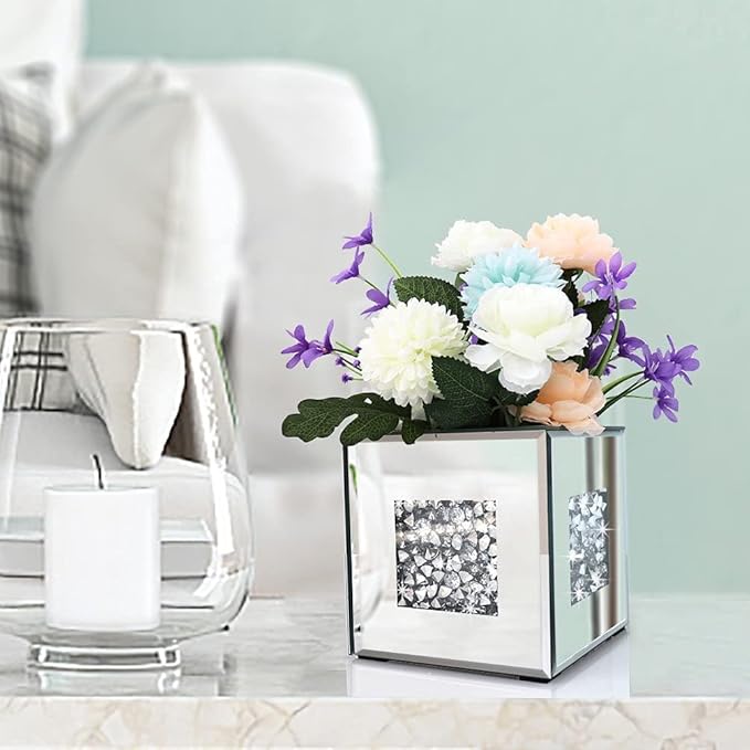 Crushed Diamond Mirrored Vase 6x6x6 inch Crystal Silver Glass Stunning Decorative Vase Flower Luxury for Home Decor. Can’t Hold Water.