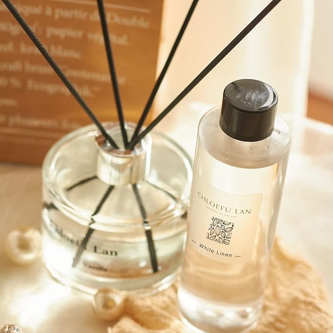Chloefu LAN Fresh Linen Reéd Diffuser Refill 200ml/6.76 fl oz, Natural Essential Scented Oil, Best for Aromatherapy, SPA and Home, 0% Alcohol, A Fresh Clean Cotton Scent, Free Set of Sticks