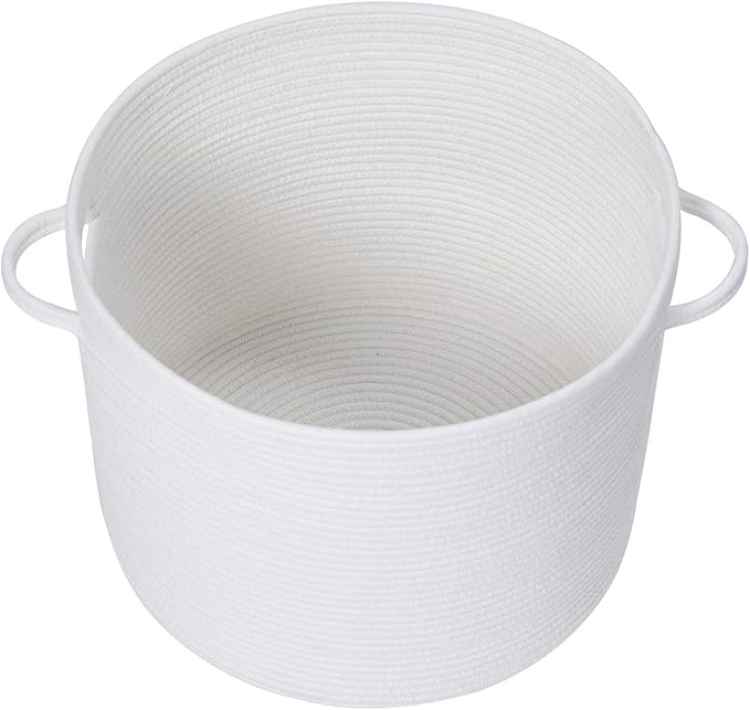 16" x 16" x 13" Medium Storage Basket with Lid, Cotton Rope Storage Baskets, Laundry Hamper, Cloth Bin, for Clothes Blankets Pillows Storage in Living Room, Full White with Cover