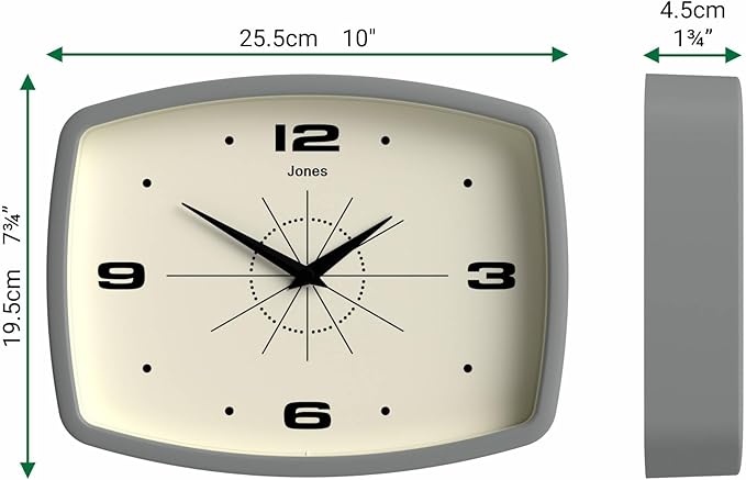 JONES CLOCKS® Movie Wall Clock | Rectangular Retro Clock | 10 inch | Grey | Cool mid-Century Designer Look for Kitchen, Living Room or Office