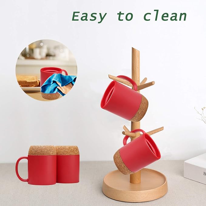 Coffee Mug Set of 2, 15 OZ Large Coffee Mugs with Handle for Tea, Ceramic Mug with Cork Bottom and Lid, Coffee Cups for Women and Men (Red)