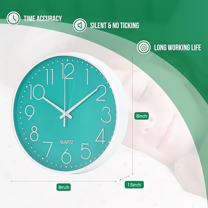 Wall Clock Non-Ticking Silent Modern Simple Style Round Decor Clock Stereoscopic Dial Quartz Wall Clocks for Home/Office/School/Living Room/Bedroom/Kitchen (Turquoise, 8inch)