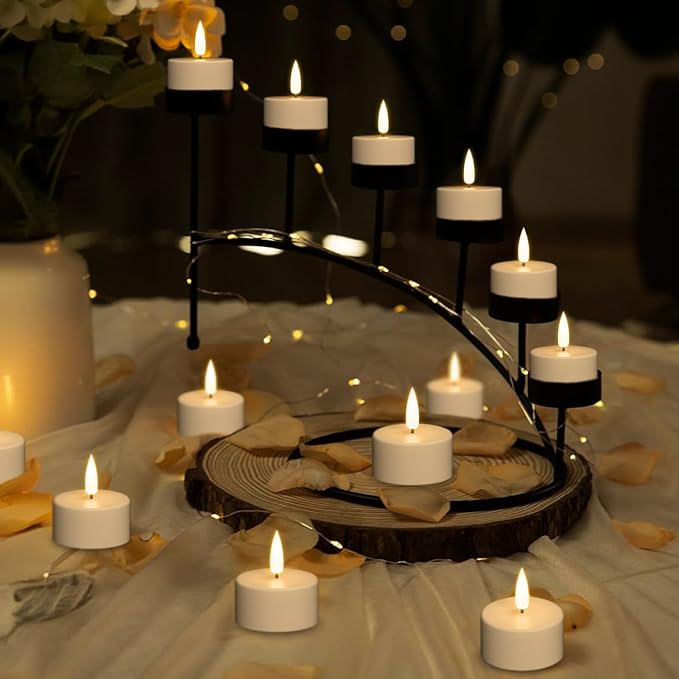 DRomance Rechargeable Flameless Votive Candles with Remote and Timer, 12 Pcs Battery Operated Flickering White Plastic LED Tea Light Candles Charge Base Halloween Christmas Holiday Decor(1.6" x 1.9")