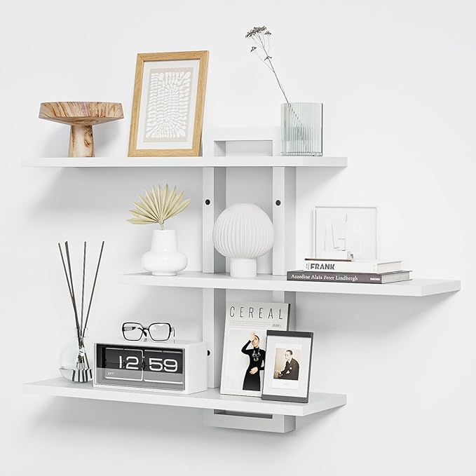 Homode Floating Shelves, Set of 3 Wooden Hanging Shelves for Bathroom and Bedroom Storage, Decorative Wall-Mounted Display Shelf for Plants, Books, Pictures, White