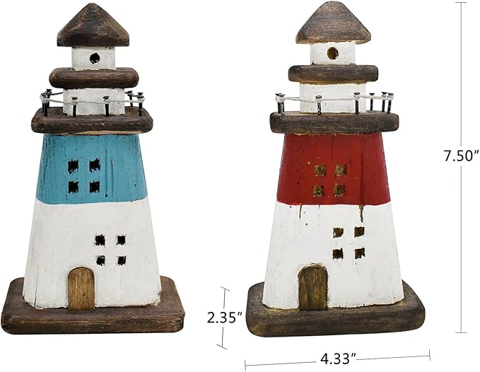 K KILIPES Beach Lighthouse for Bathroom Nautical Home Decor, 7.5" H Wood Lighthouse Table Decoration Coastal Centerpiece Hand Crafted Lighthouse Sculpture Ocean Decorations (Red/Blue, S)