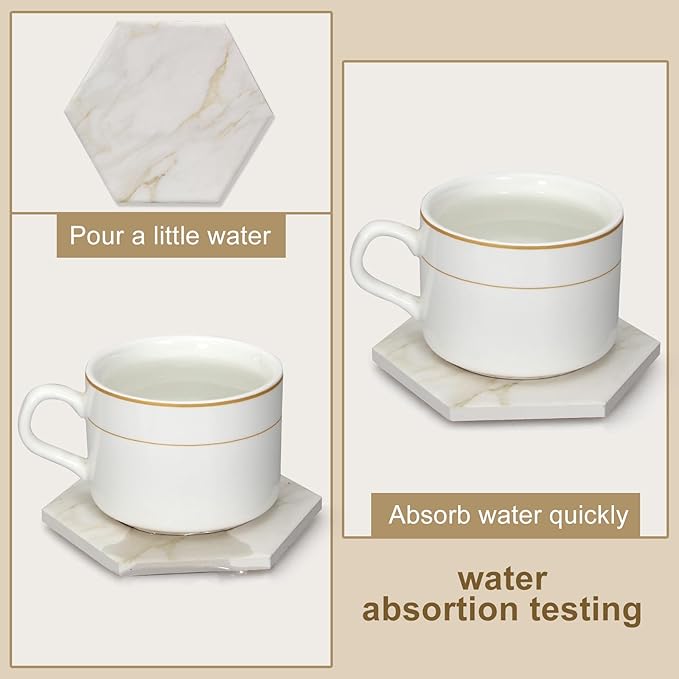 6Pcs White Marble Coaster Set with Holder Hexagon Ceramic Coasters Absorbent Coasters Drink Coasters Set for Coffee Table Bar Coasters Wine Coasters Modern Coasters Beer Coasters Cup Coasters