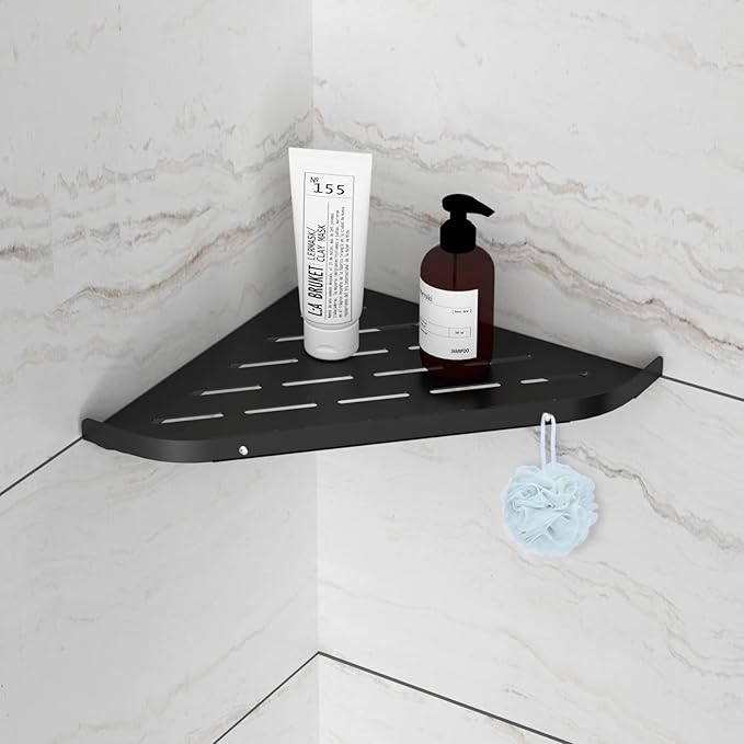Bathroom Corner Shelf, 9" Shower Shelf Caddy, SUS304 Stainless Steel Shelf Wall Mount Corner Shelf with 2 Hooks, Matte Black