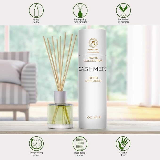 Reed Diffuser Cashmere 3.4 Fl Oz - Room Diffuser - Scented Diffusers with Bamboo Sticks - Home Fragrance - Air Freshener - Warm Scent - Fragrance for Living Room
