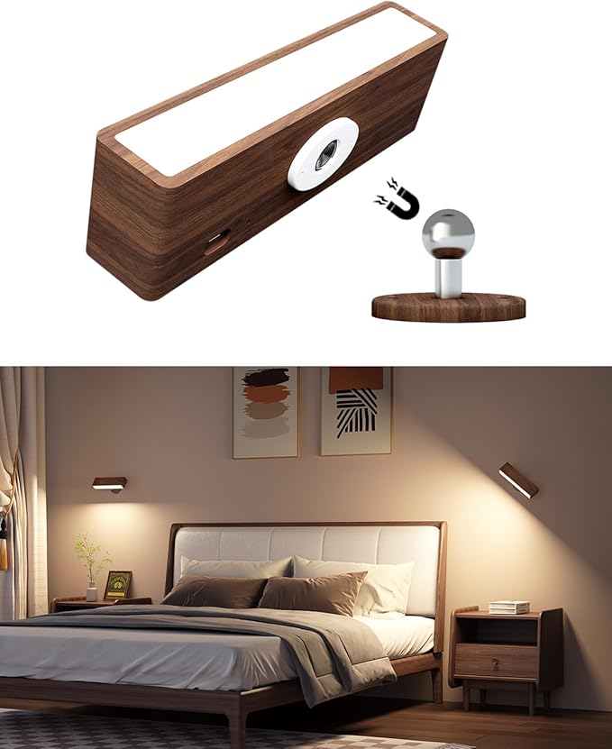 Wall Lights Battery Operated Wooden,Magnetic Wall Sconces Rechargeable,Adhesive Wall Lights for Bedroom,Dimmable Wall Mounted Bedside Lamp,Cordless Battery Wall Sconce for Bedroom Reading