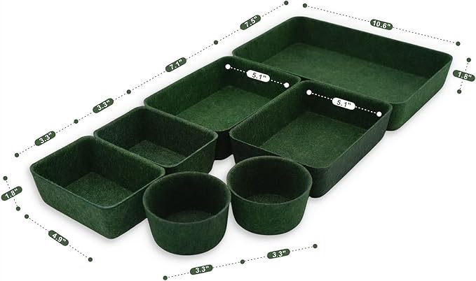 Welaxy quiet luxury Drawer organizer trays felt storage bin divider boxes office home interior cozy decor entryway catchall key holder makeup pens decluttering 7-piece gift idea (Forest Green)
