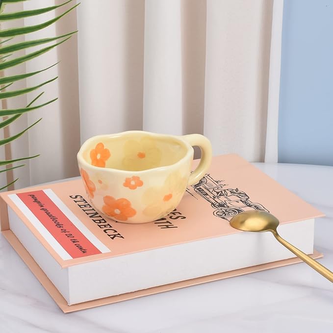 Koythin Ceramic Coffee Mug, Creative Flower Cup for Office and Home, Dishwasher and Microwave Safe, 8.5 oz/250 ml for Latte Tea Milk (Orange Flower)