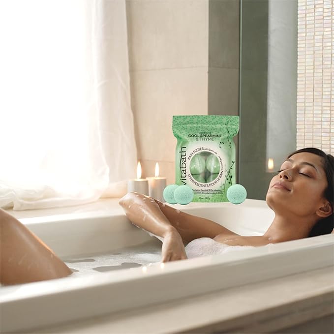 Vitabath Cool Spearmint & Thyme Bath Fizzies with Epsom Salt Relax Nourish Unwind Body & Mind Calming Aromatherapy for Muscle Soreness & Reviving Skin Nourishment - 6 Count