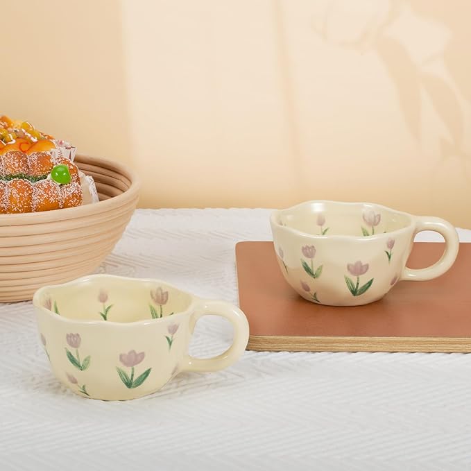 Koythin 2-Pieces Ceramic Coffee Mugs, Creative Cute Flower Cup for Office and Home, 8.5 oz/250 ml Aesthetic Mug for Latte Tea Milk (2 Purple Tulip)