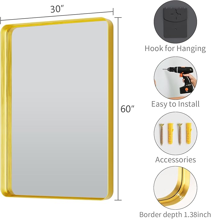 Koonmi Gold Bathroom Mirror for Wall, 30x60 Inch Matte Metal Deep Framed Rounded Corner Wall Mirror, Shatterproof Tempered Glass for Farmhouse Bedroom Entryway, Vertically or Horizontally