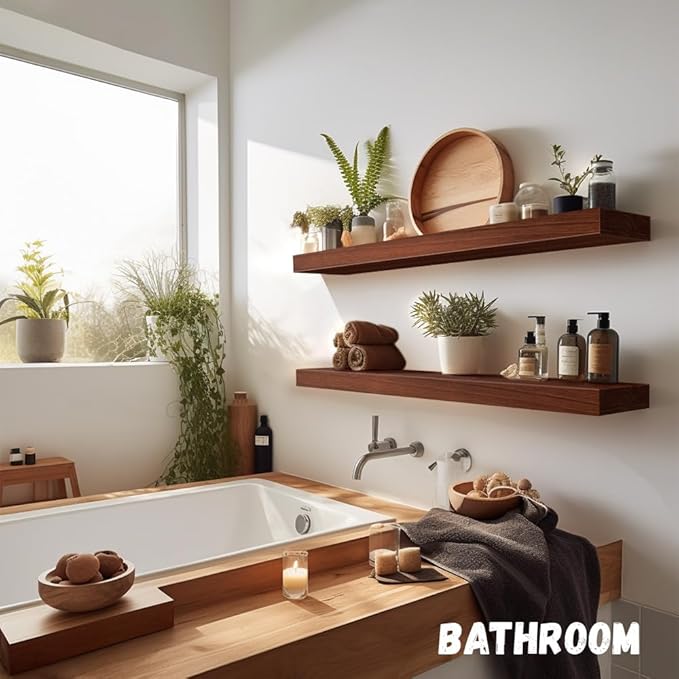 Habudda Floating Shelves, Bathroom Wall Shelf for Rustic Home Decor, Natural Wood, Invisible Bracket, 35.5 Inches, 2 Pack