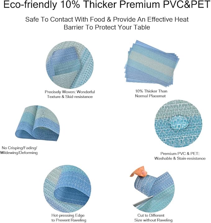 GIVERARE Placemats Set of 4, Heat-Resistant Woven Vinyl Placemat, Non-Slip Washable PVC Table Mat, Easy to Clean Premium Plastic Mats for Dining, Kitchen Table (Light Blue)
