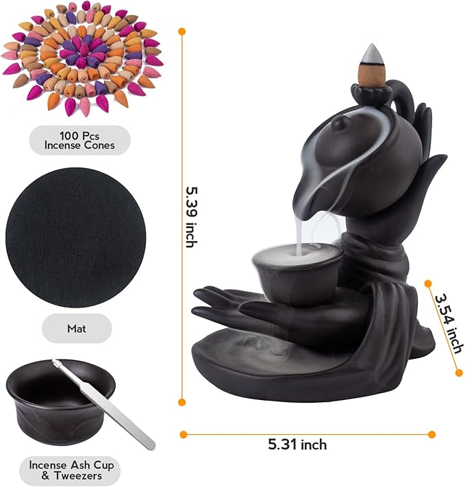 Waterfall Incense Burner Buddha Hand Backflow Incense Waterfall Burner Smoke Incense Holder Waterfall with 100 Incense Cones 10 Kind of Scents